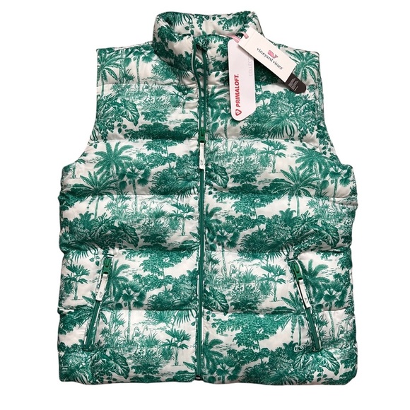 Vineyard Vines Oversized Printed Puffer Vest Toile Green Meadow Girls - Size L - Picture 1 of 9